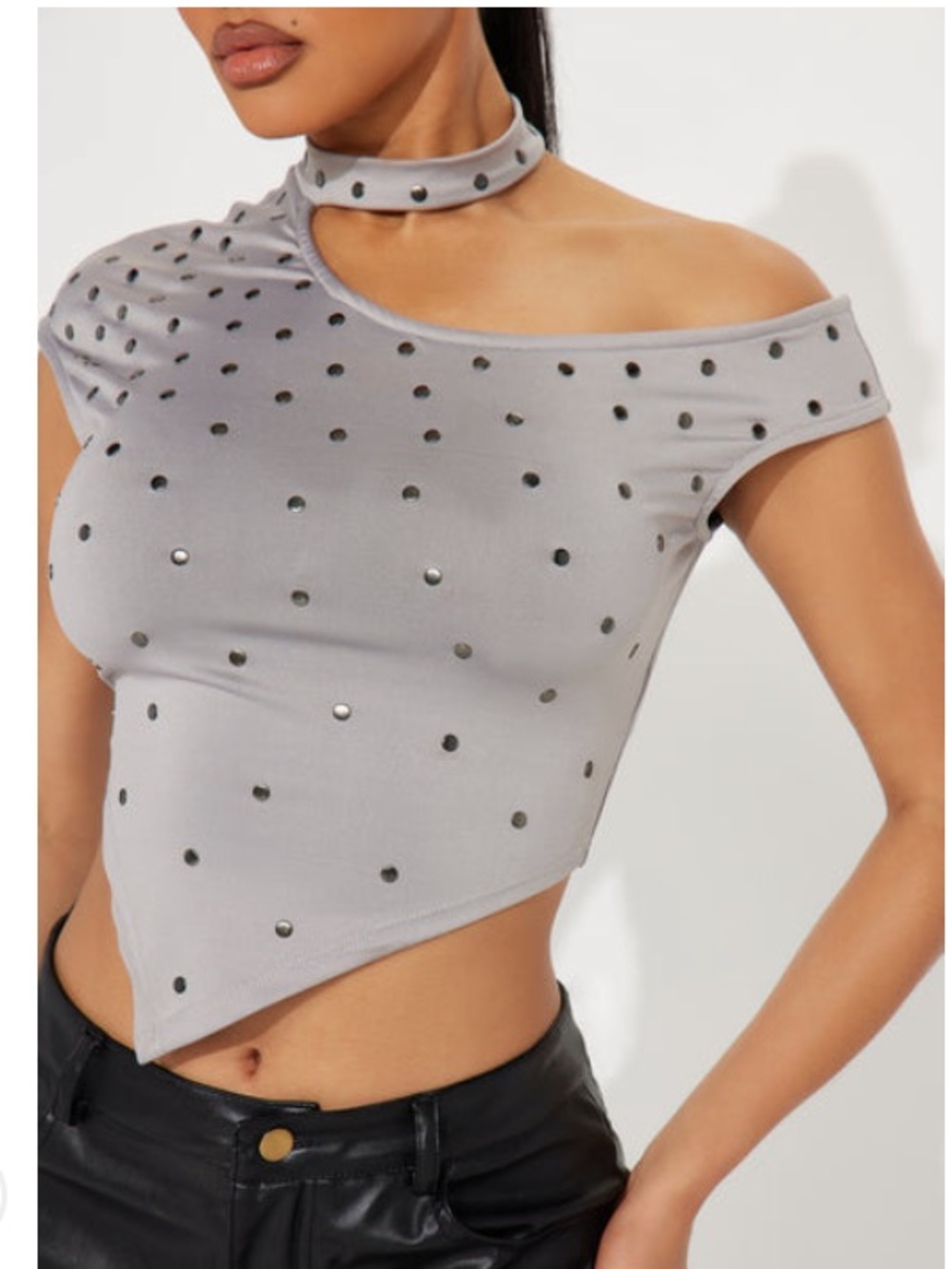 Fashion Nova Light Gray Off-Shoulder Studded Asymmetric Crop Top